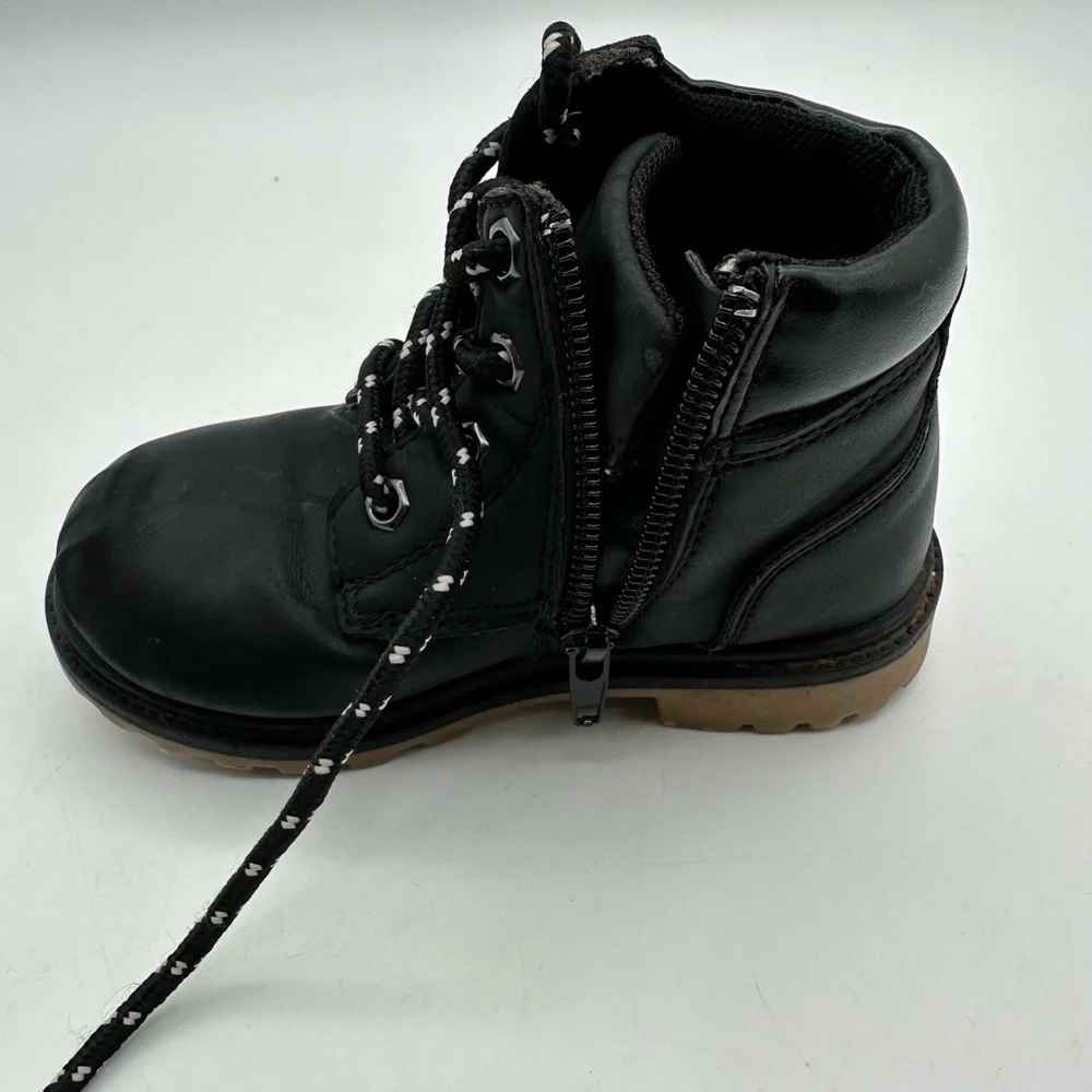 Kids Boys Girls 8 Toddler Black Shoes Ankle Faux Leather Boots High Top Lace Up